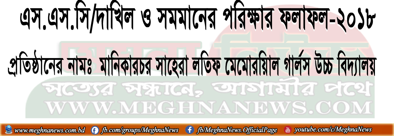 মানিকারচর সাহেরা লতিফ মেমোরিয়াল গার্লস উচ্চ বিদ্যালয় এস.এস.সি পরিক্ষা-২০১৮ এর সম্পূর্ন রেজাল্ট শিট