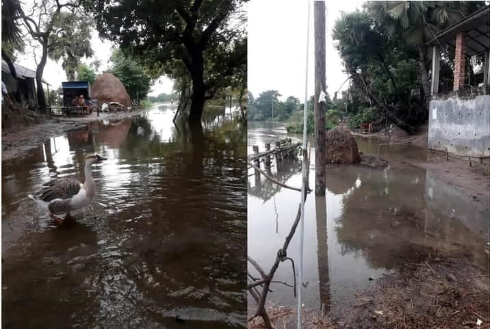 সাপাহার সীমান্তে পূর্নভবা নদীর বাঁধ উপচিয়ে পাতাড়ী গ্রামে বন্যার পানি প্রবেশের চিত্র।